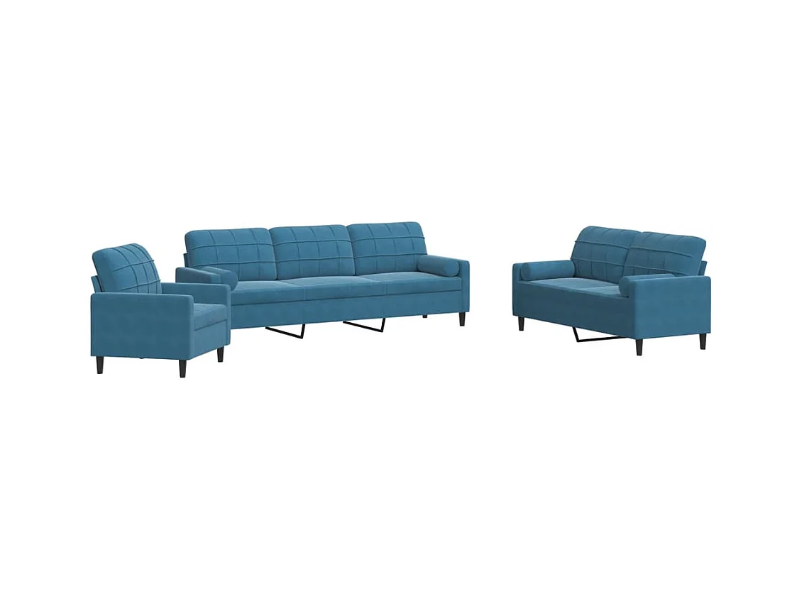 Ensemble de canapés 3pcs et coussins et traversins bleu velours