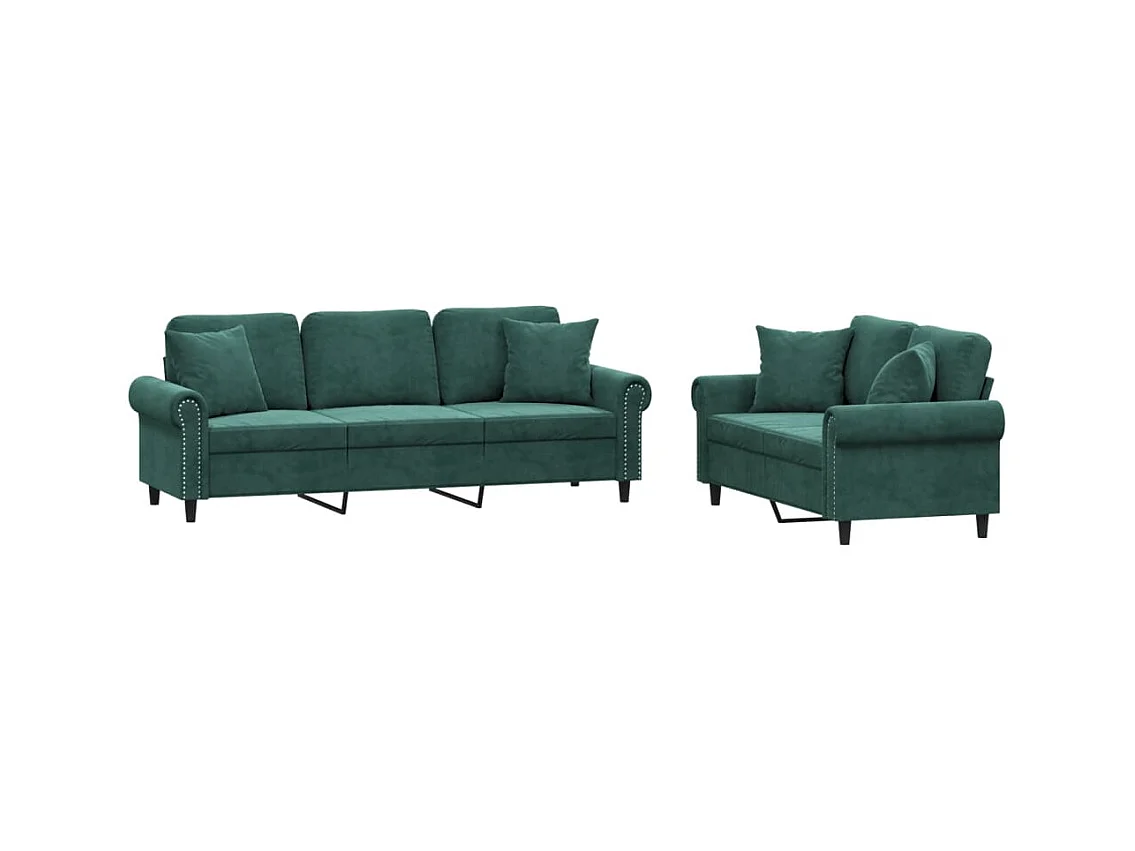 Ensemble de canapés 2 pcs avec coussins vert foncé velours