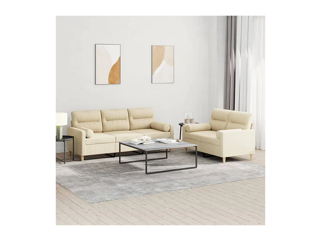 Ensemble de canapés 2 pcs avec coussins crème tissu