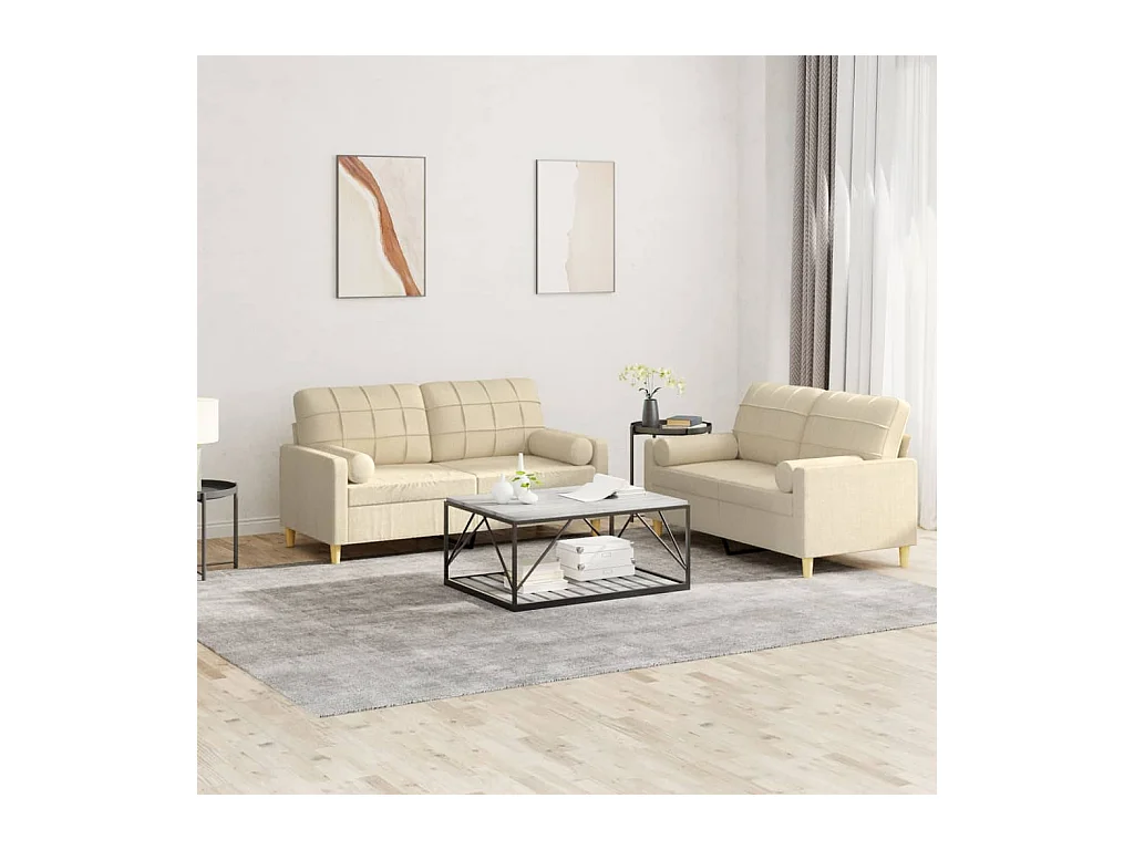 Ensemble de canapés 2 pcs avec coussins crème tissu