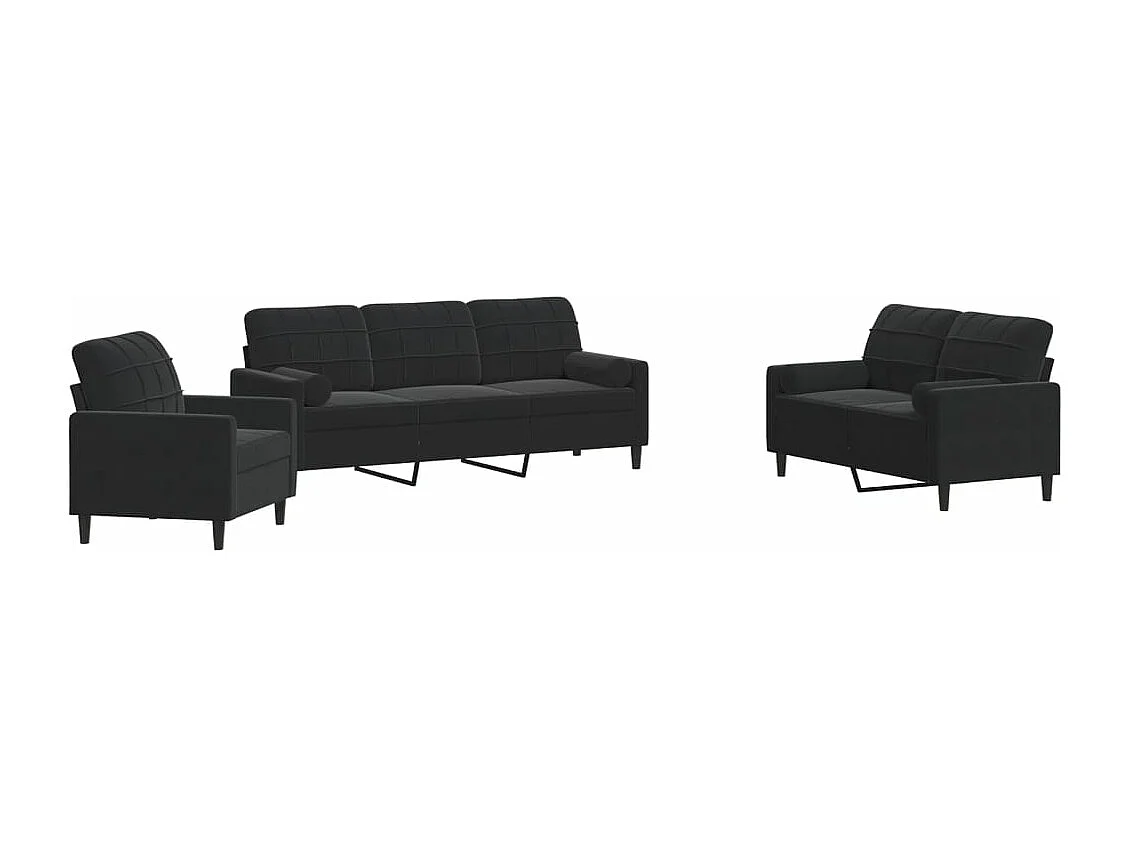 Ensemble de canapés 3pcs et coussins et traversins noir velours