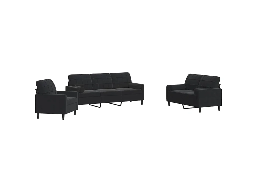 Ensemble de canapés 3pcs et coussins et traversins noir velours