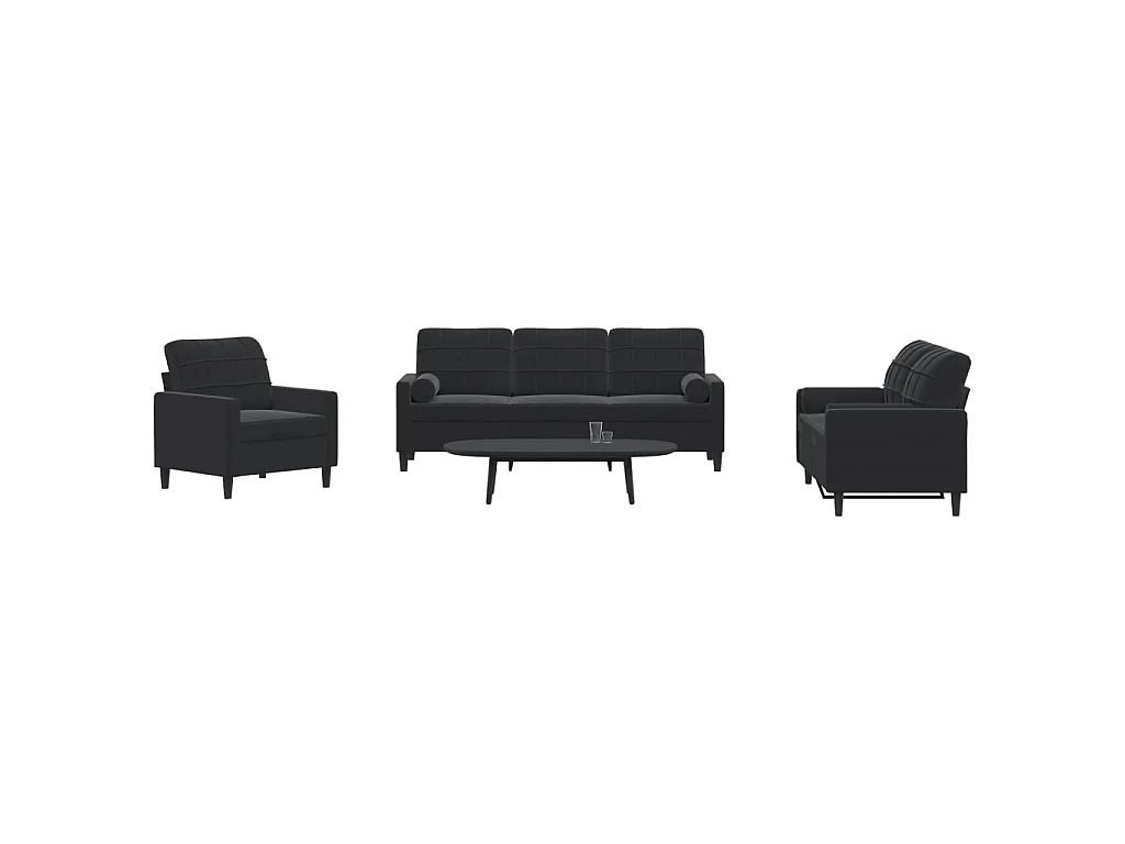 Ensemble de canapés 3pcs et coussins et traversins noir velours
