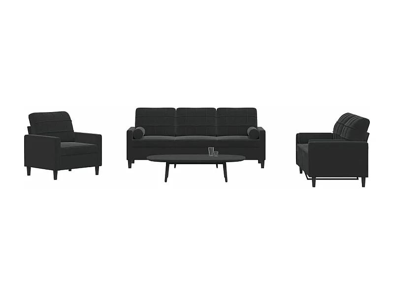 Ensemble de canapés 3pcs et coussins et traversins noir velours
