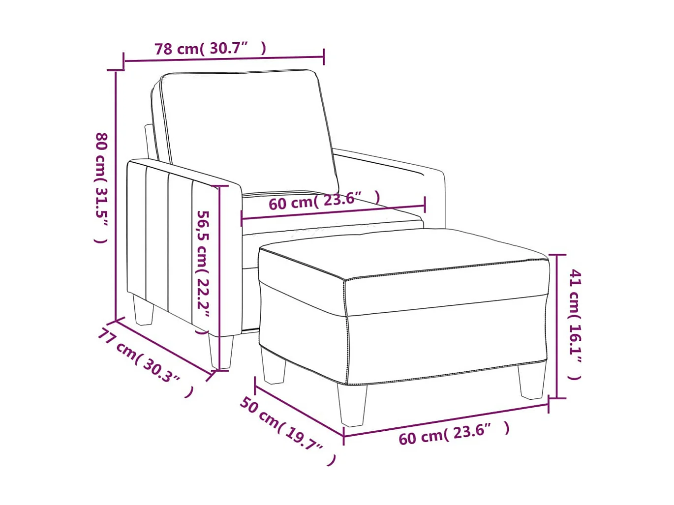 Fauteuil met voetenbank 60 cm stof taupe