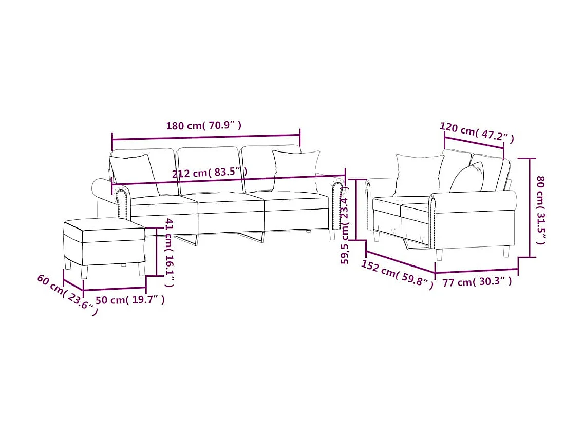 Ensemble de canapés 3 pcs avec coussins rouge bordeaux velours