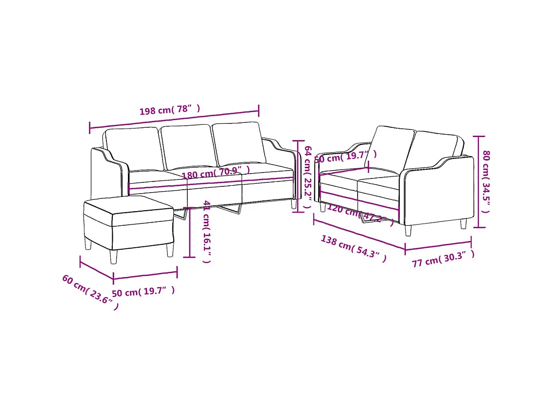 3-delige loungeset met kussens stof zwart