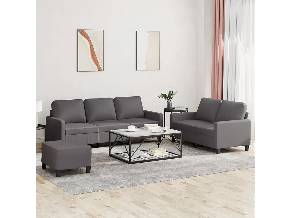 3 pcs conjunto de sofás c/ almofadões couro artificial cinzento
