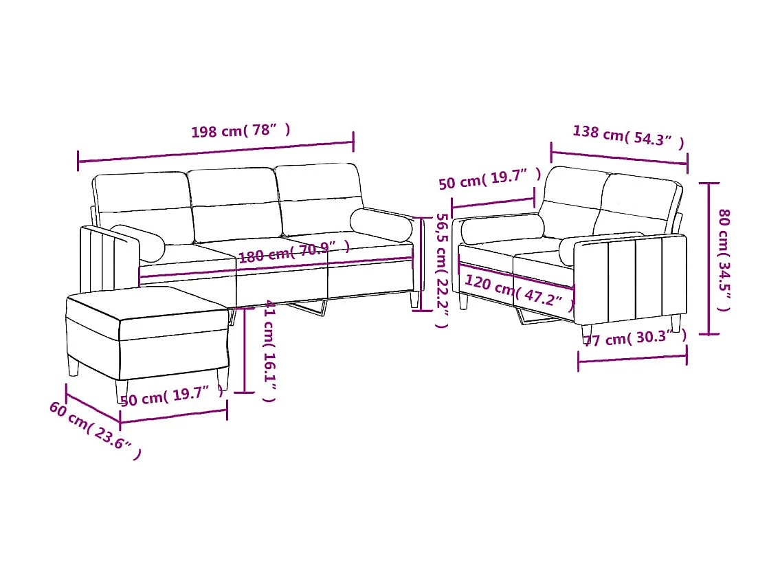 3-delige Loungeset met kussens stof lichtgrijs