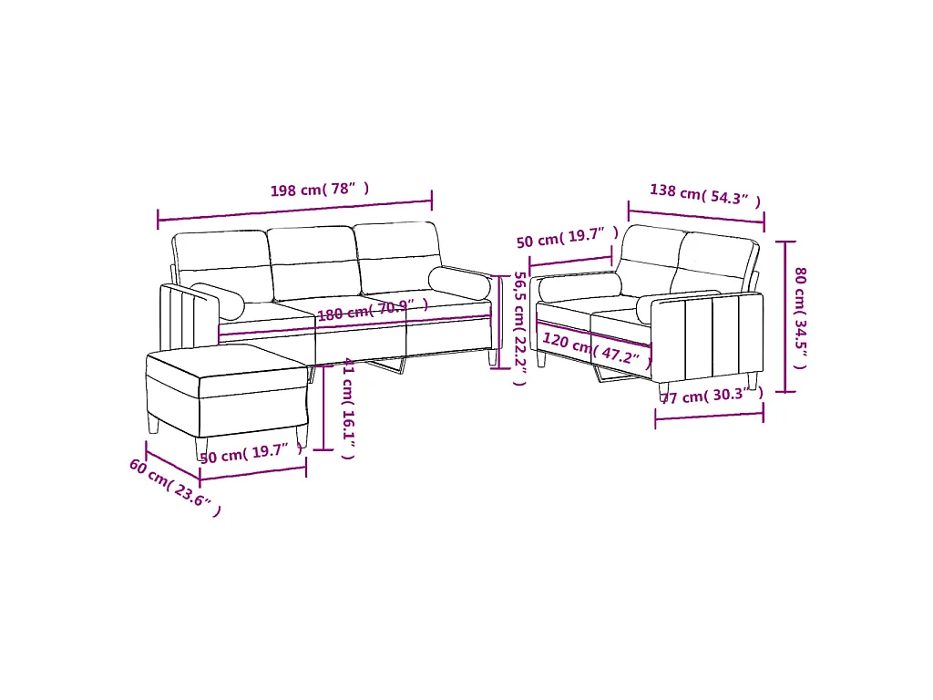 Set Divani 3 pz con Cuscini Grigio Chiaro in Tessuto