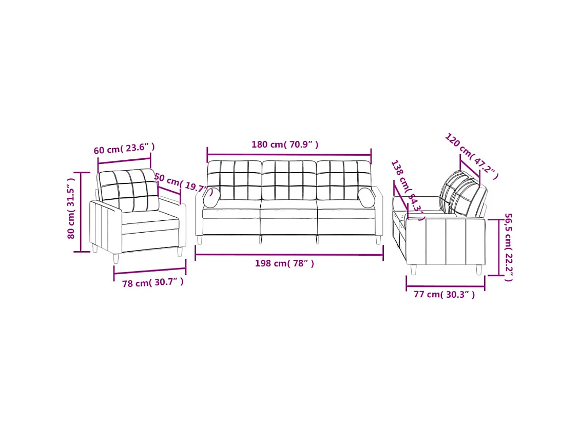 3 pcs conjunto de sofás com almofadas tecido cinzento-escuro