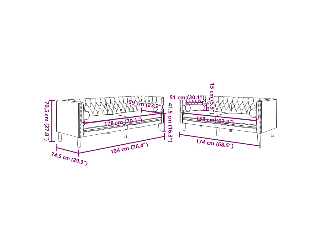 Set Divani Chesterfield 2pz con Cuscini Nero Velluto
