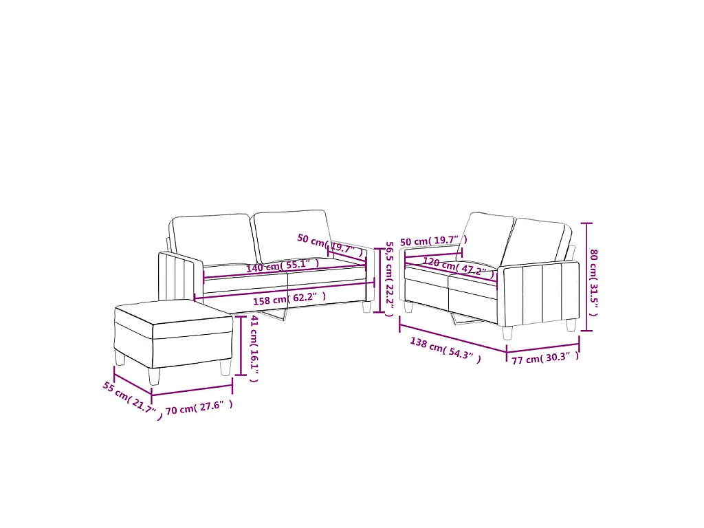 3-delige Loungeset met kussens kunstleer zwart