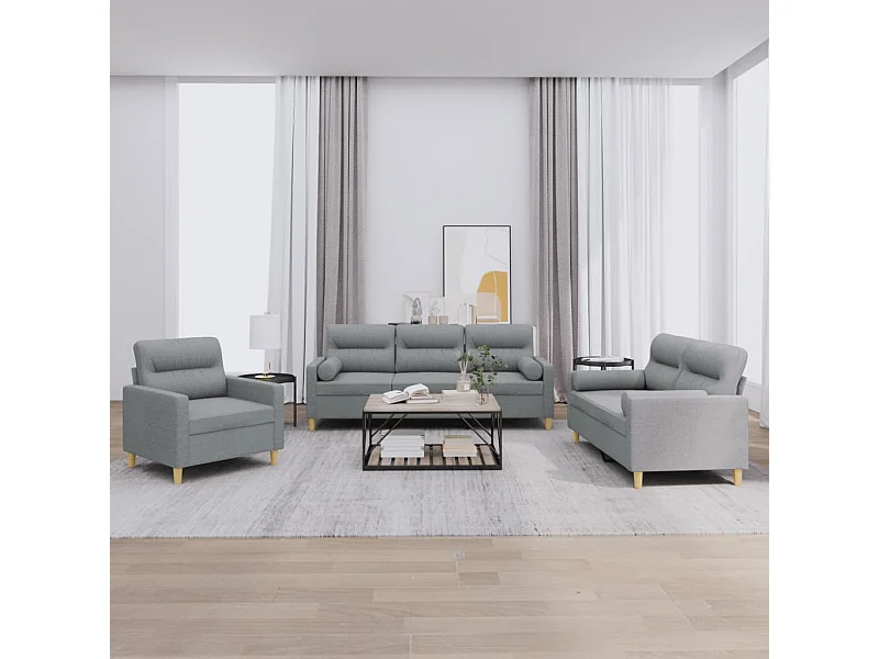 Set Divani 3 pz con Cuscini Grigio Chiaro in Tessuto