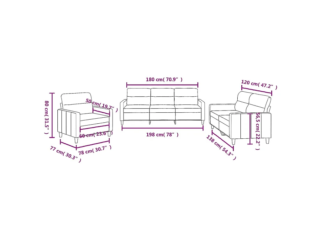 3 pcs conjunto de sofás com almofadões tecido cinzento-claro