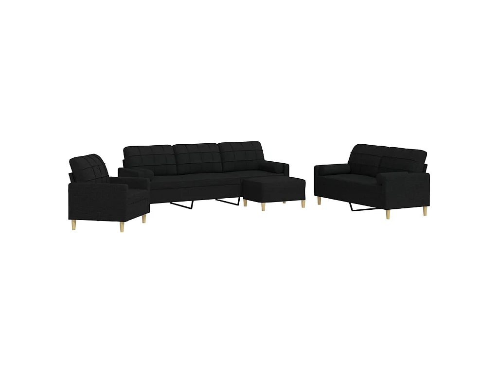 Set Divani 4 pz con Poggiapiedi e Cuscini Nero in Tessuto
