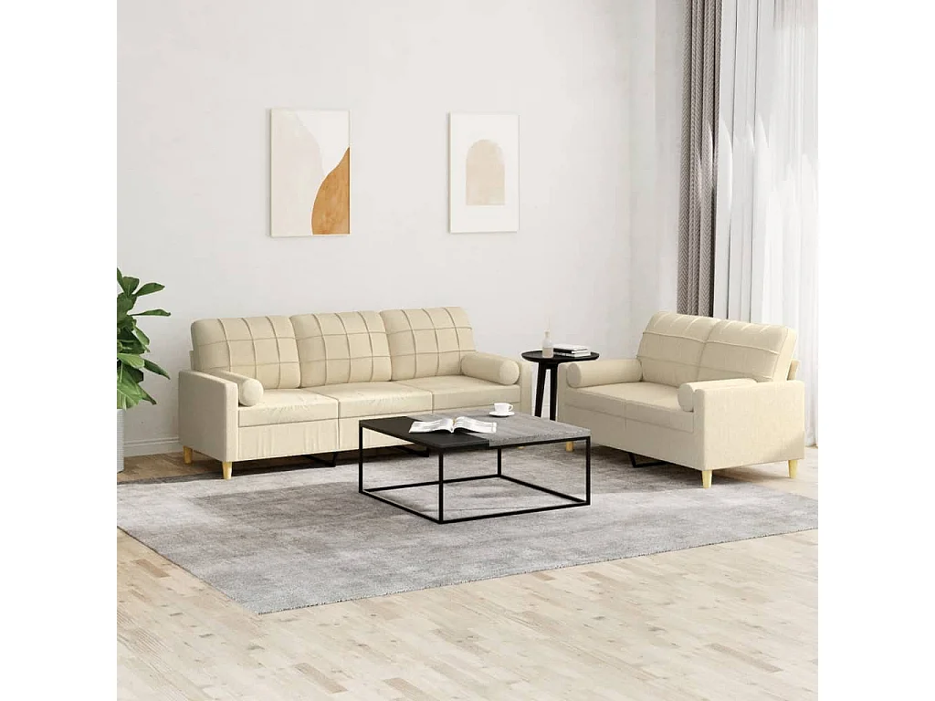 Set Divani 2 pz con Cuscini Crema in Tessuto