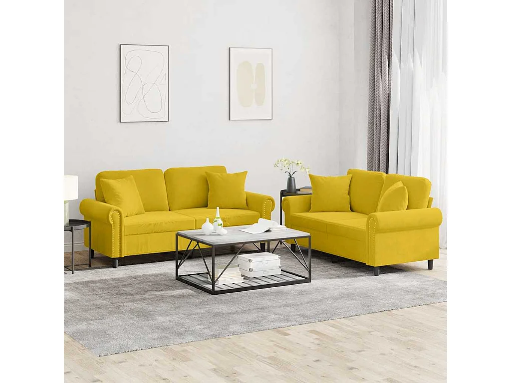 Ensemble de canapés 2 pcs avec coussins jaune velours