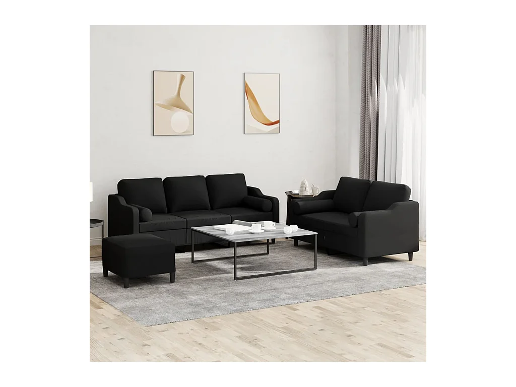 Set Divani 3 pz con Cuscini Nero in Tessuto