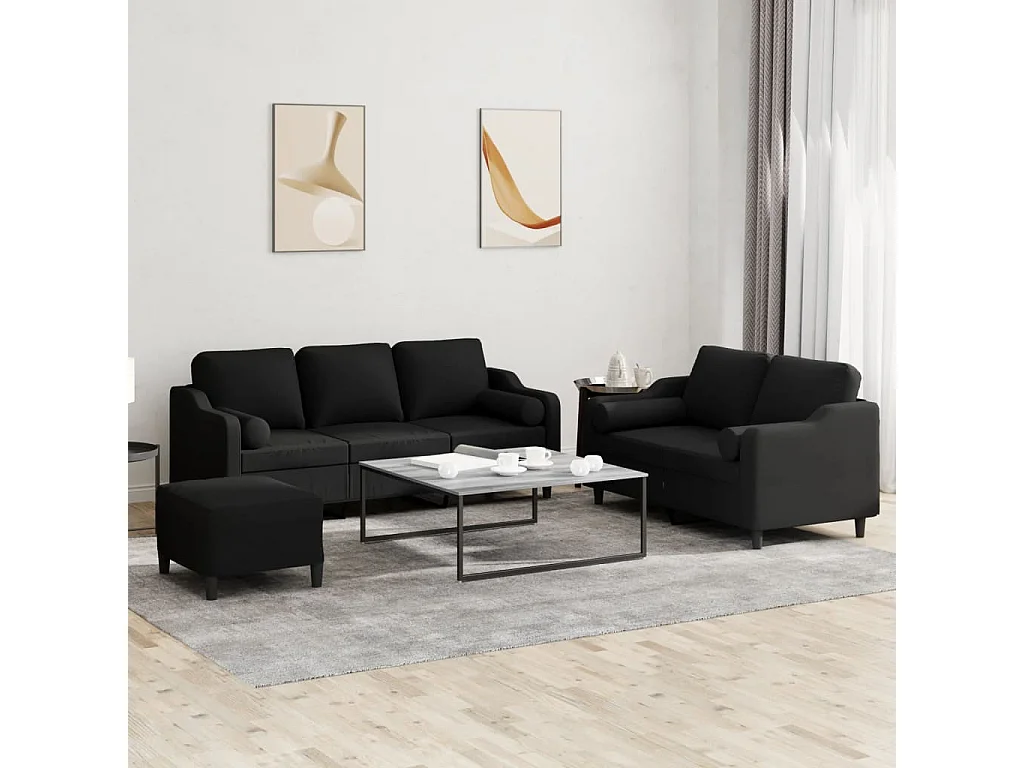 Ensemble de canapés 3 pcs avec coussins noir tissu