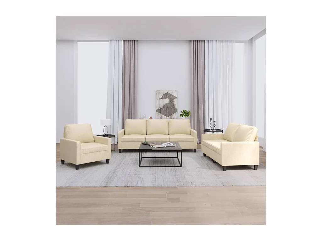 3-tlg. Sofagarnitur mit Kissen Creme Stoff