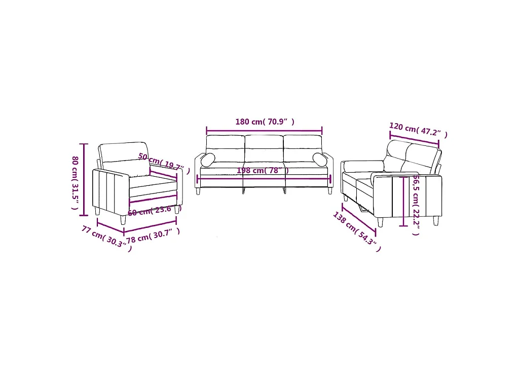 Ensemble de canapés 3 pcs avec coussins marron tissu