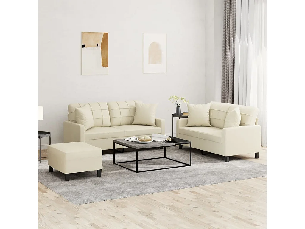 3-delige Loungeset met kussens kunstleer crèmekleurig