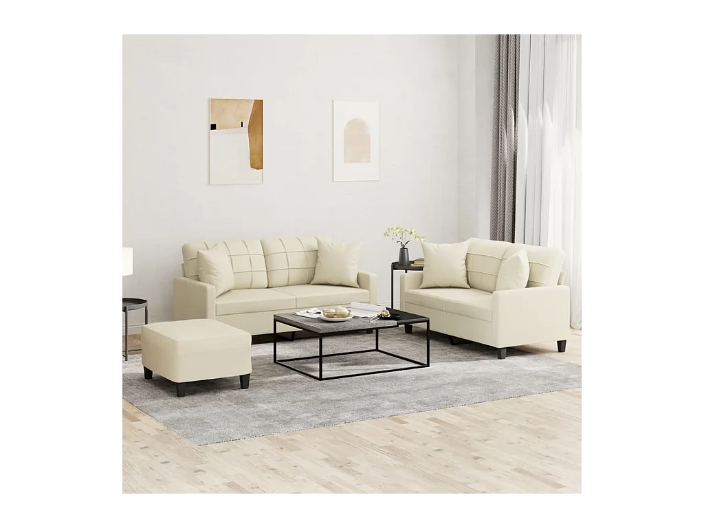 Set di Divani 3 pz con Cuscini Crema in Similpelle