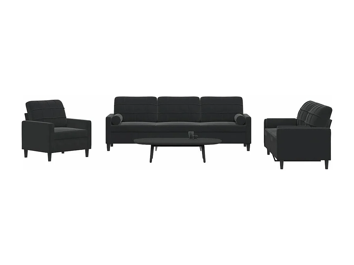 Ensemble de canapés 3pcs et coussins et traversins noir velours