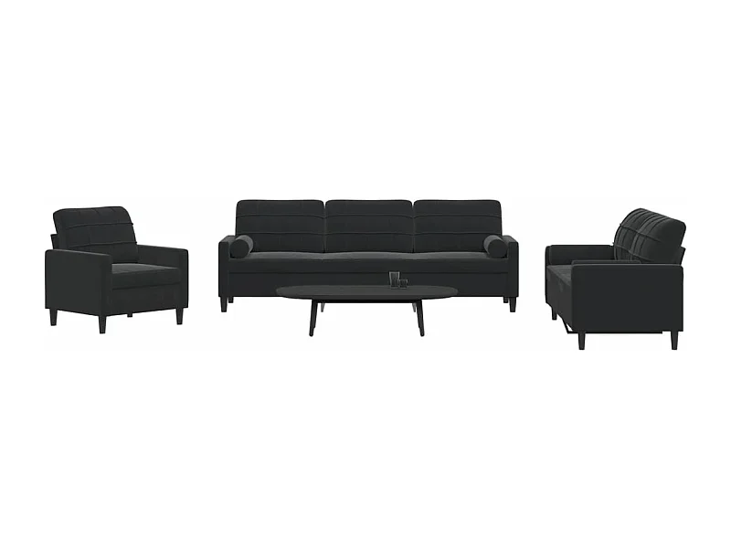 Ensemble de canapés 3pcs et coussins et traversins noir velours
