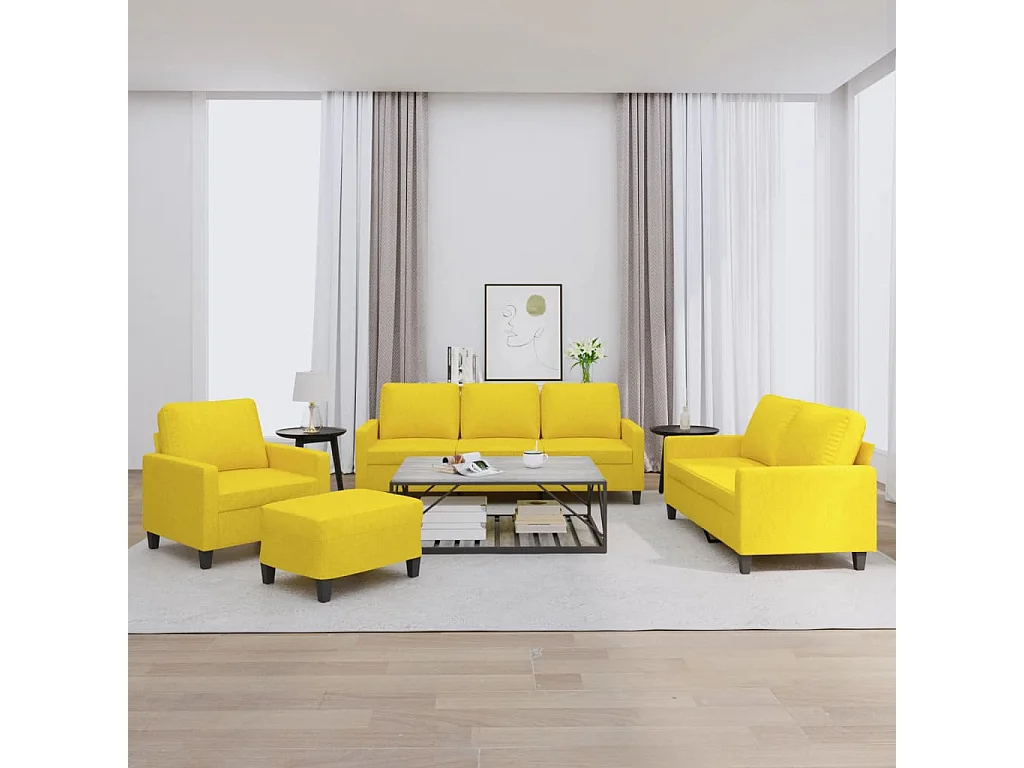 4 pcs conjunto de sofás com almofadões tecido amarelo-claro