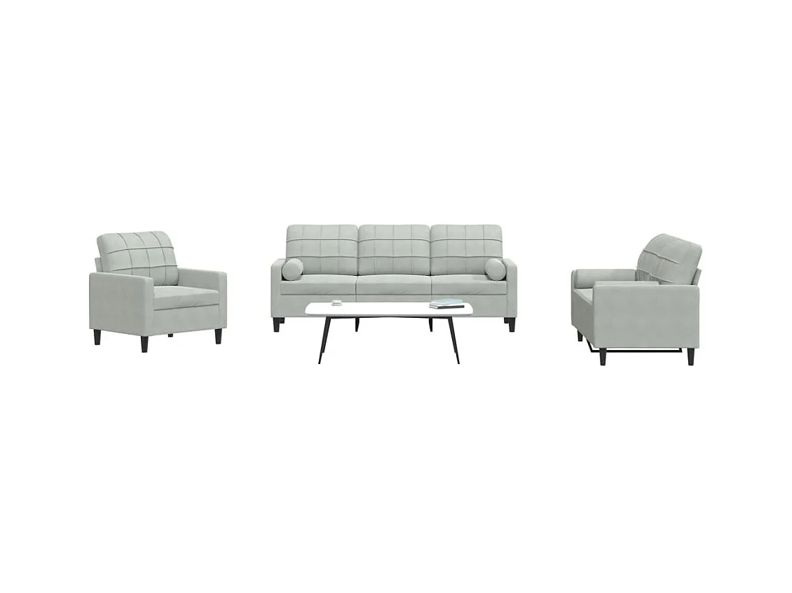 3-delige Loungeset met kussens en bolsters fluweel lichtgrijs