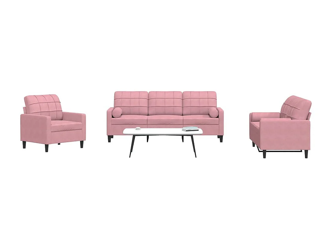 Ensemble de canapés 3pcs et coussins et traversins rose velours