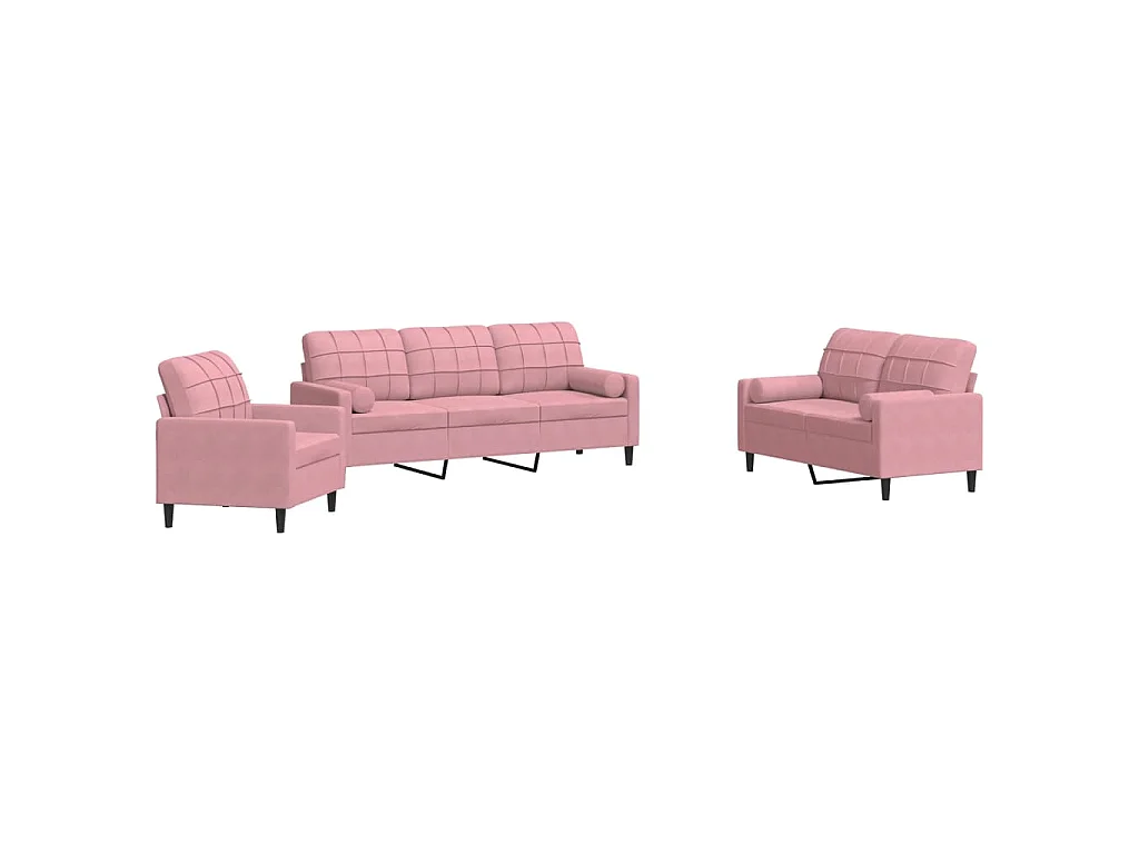 Set di Divani 3 pz con Cuscini e Rinforzi rosa in Velluto