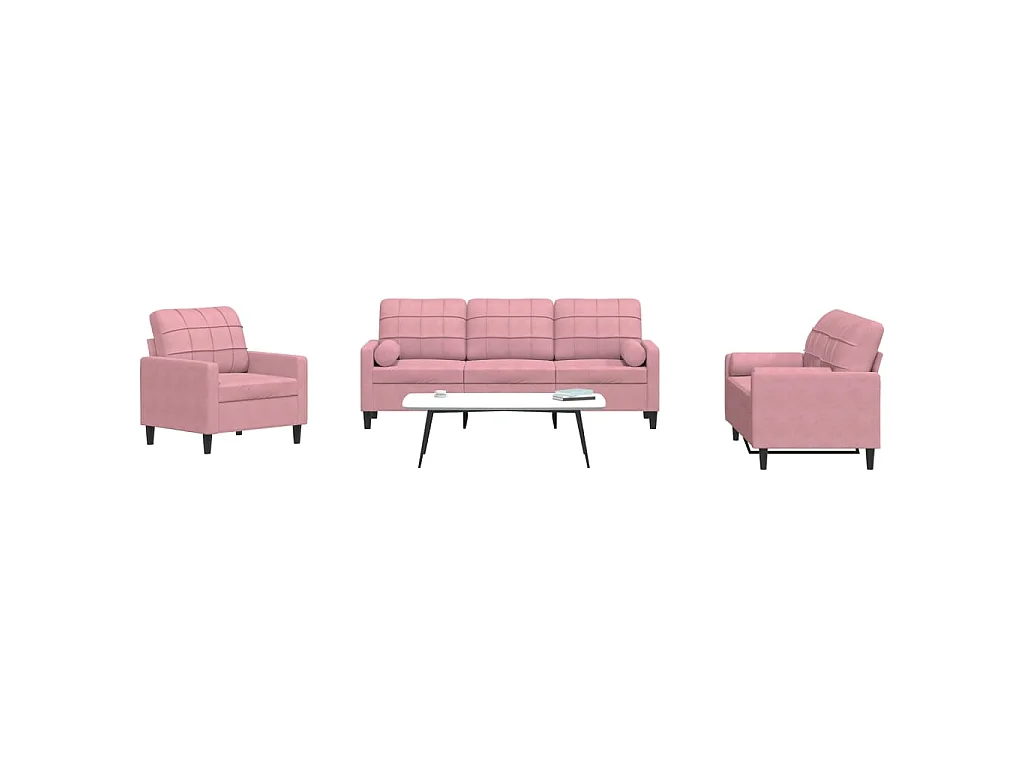 Set di Divani 3 pz con Cuscini e Rinforzi rosa in Velluto