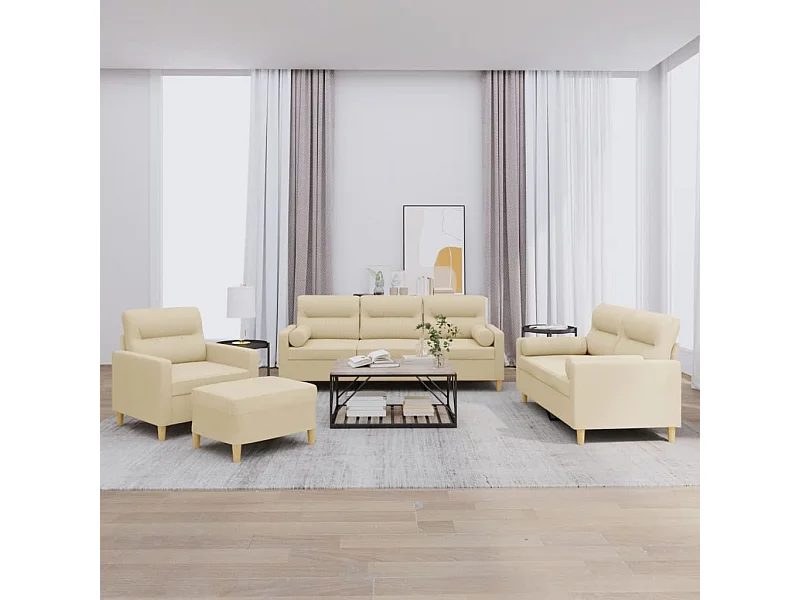 4-tlg. Sofagarnitur mit Kissen Creme Stoff