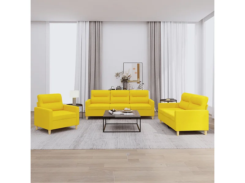 Set di Divani 3 pz con Cuscini Giallo Chiaro in Tessuto