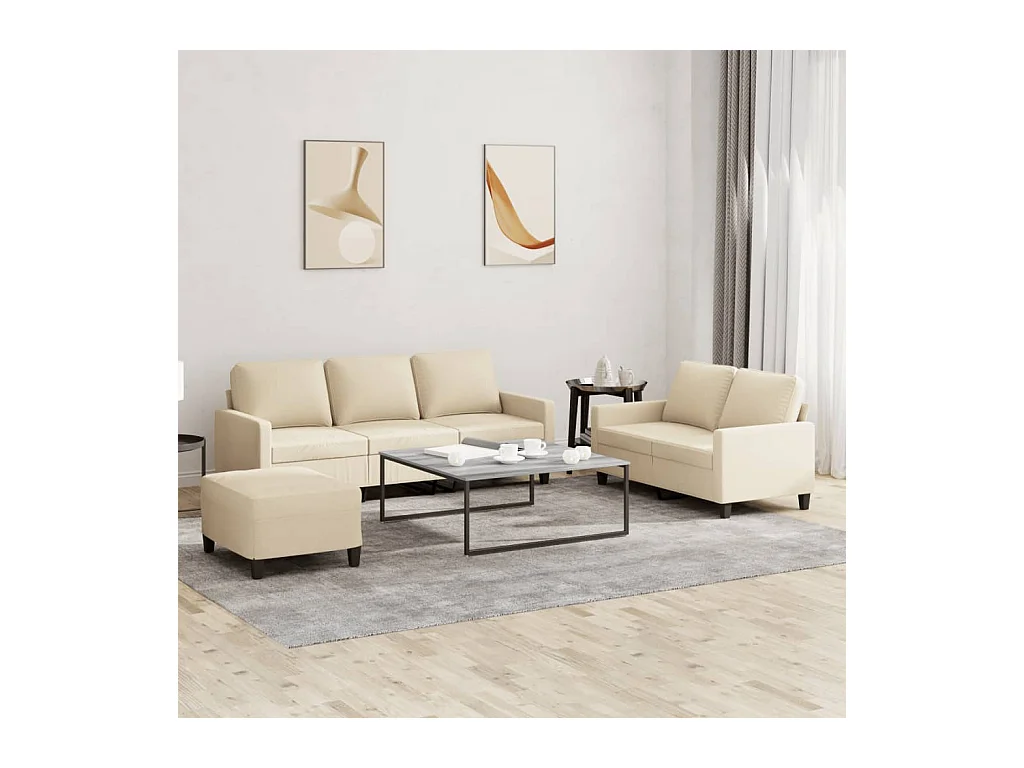 3-tlg. Sofagarnitur mit Kissen Creme Stoff