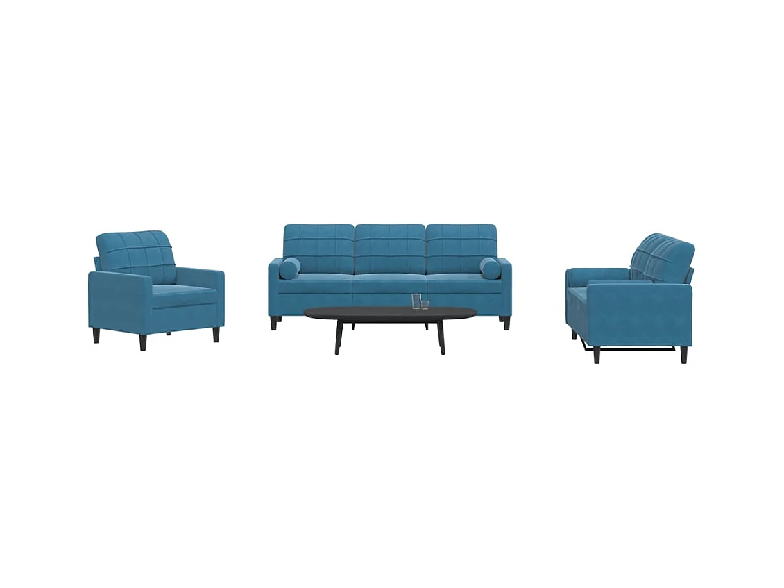 Ensemble de canapés 3pcs et coussins et traversins bleu velours