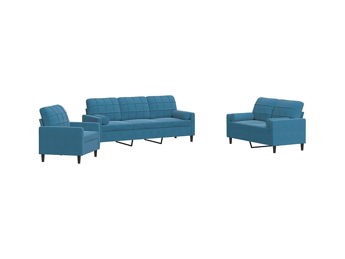 Ensemble de canapés 3pcs et coussins et traversins bleu velours