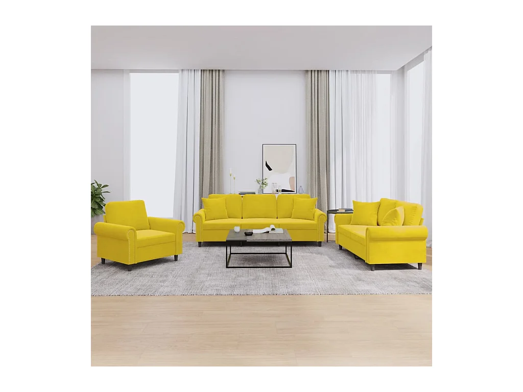 Ensemble de canapés 3 pcs avec coussins jaune velours