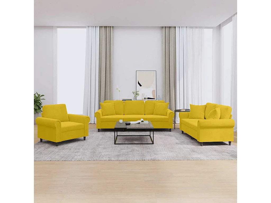 Ensemble de canapés 3 pcs avec coussins jaune velours