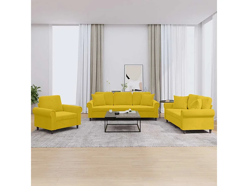 Set di Divani 3 pz con Cuscini Giallo in Velluto