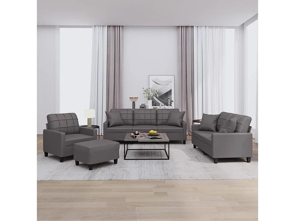 4 pcs conjunto de sofás com almofadas couro artificial cinzento