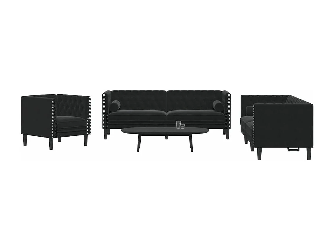 3-delige Loungeset Chesterfield met bolsters fluweel zwart