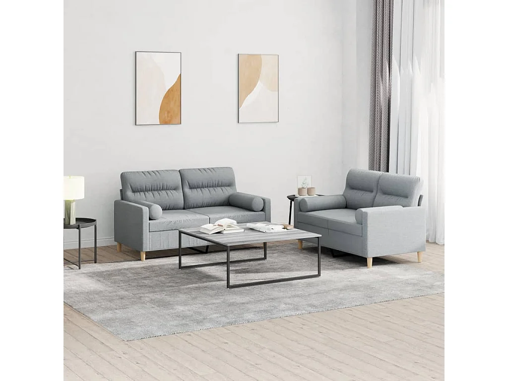 2 pcs conjunto de sofás com almofadas tecido cinzento-claro