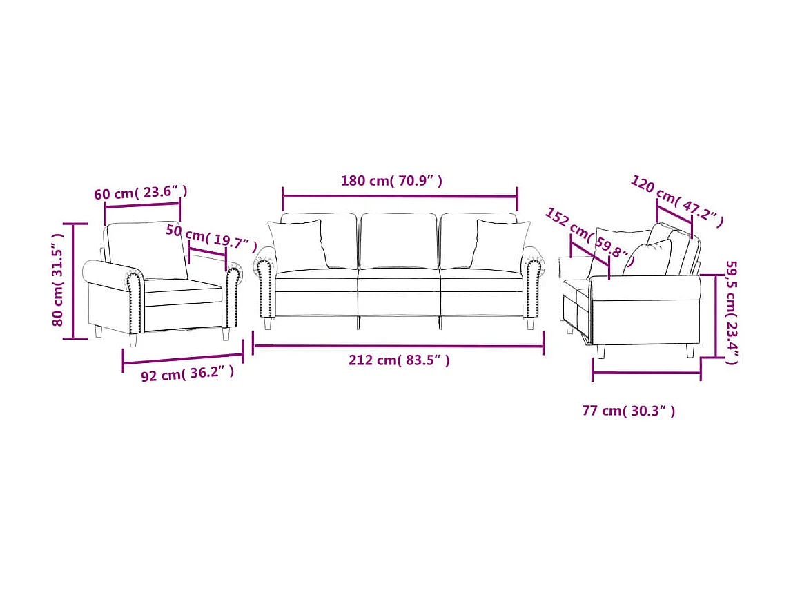 3-tlg. Sofagarnitur mit Kissen Weinrot Samt