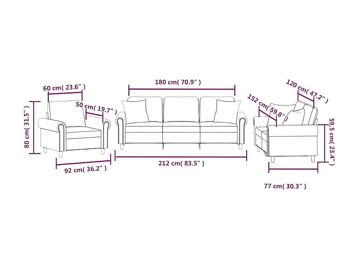 Ensemble de canapés 3 pcs avec coussins rouge bordeaux velours