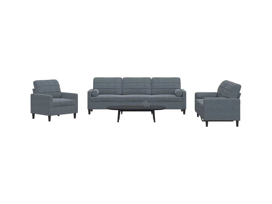 3-delige Loungeset met kussens en bolsters fluweel donkergrijs