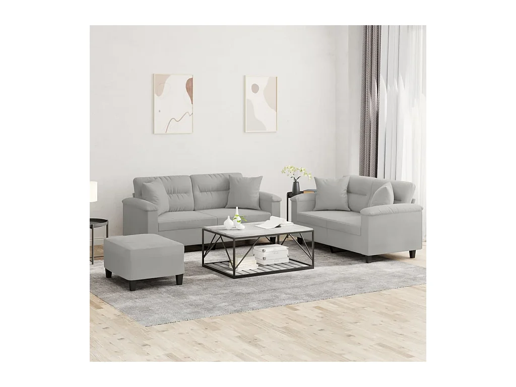 3-delige Loungeset met kussens microvezelstof lichtgrijs